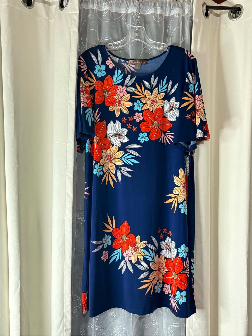 Floral Navy Shift Dress with Multicolor Blooms Midi loose body summer size XXL